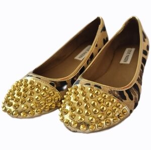 Steve Madden 7 Kimmmie Leopard Gold Spikes Studs Flats Animal Print NWOB